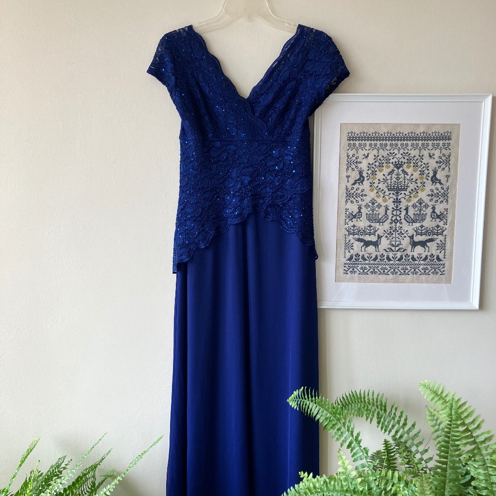 Blue floor-length evening dress with lace and sequins
